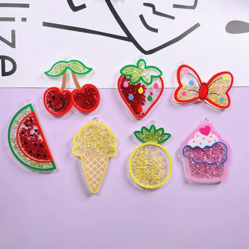 Acrylic fashion glitter diamond flowing fruit ice cream keychain pendant hairpin rubber band paste DIY