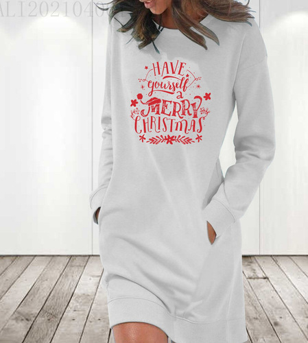  Amazon Autumn/Winter New Merry Christmas Print Loose Round Neck Drop Shoulder Long Sleeve Dress