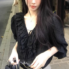 法式气质V领波点刺绣黑色荷叶边长袖女秋微透系带衬衫设计感上衣