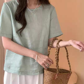 进口100%亚麻极简文艺小衫 休闲百搭短袖T恤女夏季