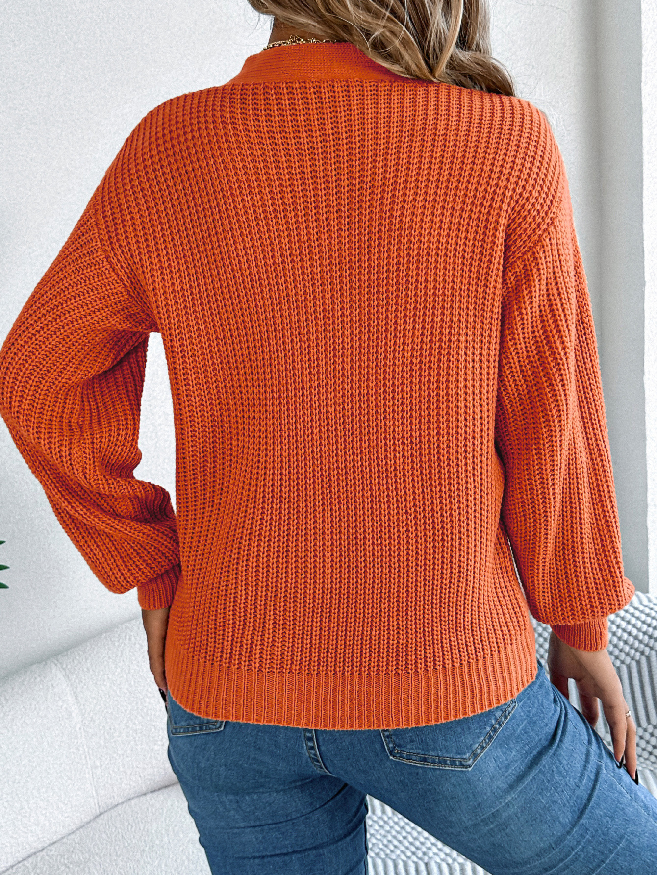 Women's V Neck Pullover Sweater Knitted Lantern Sleeve Top_voghion.com
