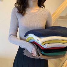 秋冬新款大码长袖低圆领套头毛衣修身百搭打底衫女纯色针织衫线衣