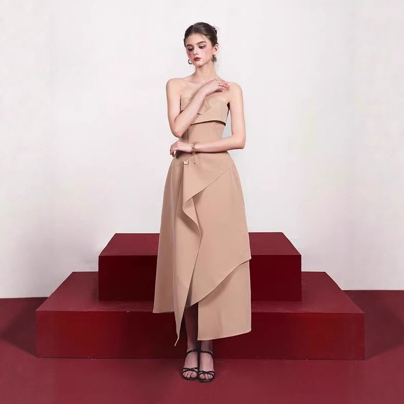 2026 Autumn/Winter Irregular Ruffle Gown Dress Long Strapless Dress