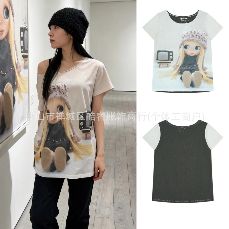 [in Stock] Korean Coy* X Xiaobu Collaboration Off-Shoulder Short-Sleeve T-Shirt for Women, Asymmetrical Loose Top, New Summer Style