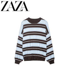 ZAZA 自制欧美风 批发女装 时尚百搭气质休闲 法式设计条纹针织衫