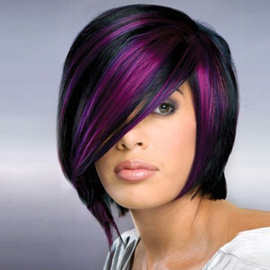欧美女短款假发头套偏分黑紫挑染女化纤波波自然分缝头套工厂批发