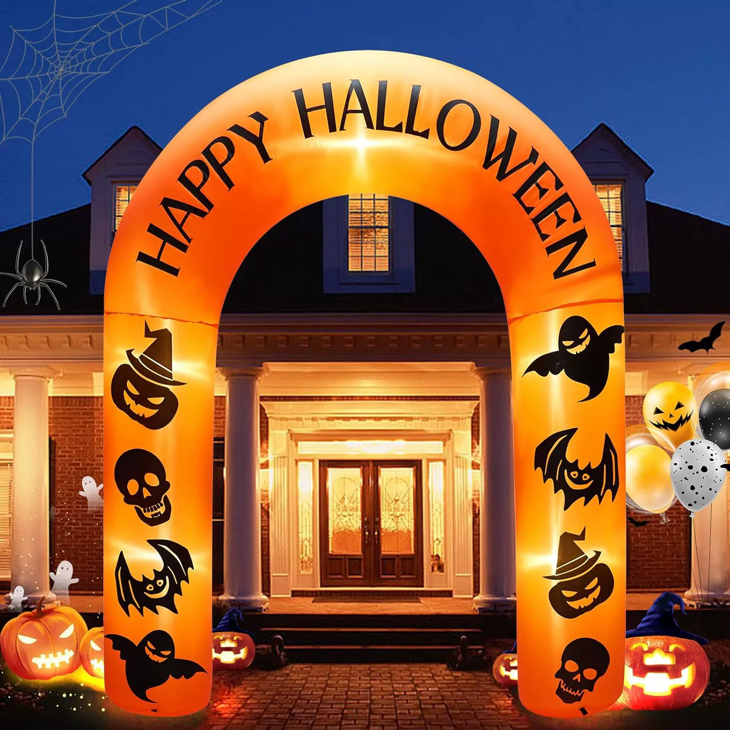 Надувные украшения на Хэллоуин: тыква, летучая мышь, скелет, белый призрак, оранжевая арка, светодиодные светящиеся декорации для улицы и сада.