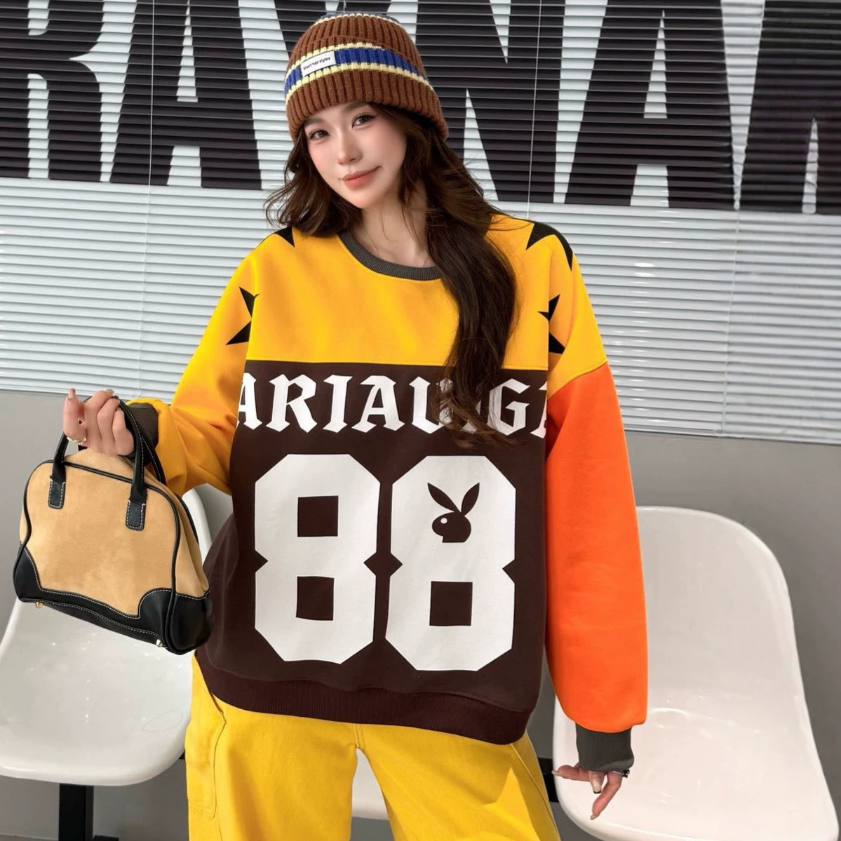 Patchwork color-block letter and star print sweatshirt for women, 2026 new autumn collection, American-style loose and casual oversized top, trendy