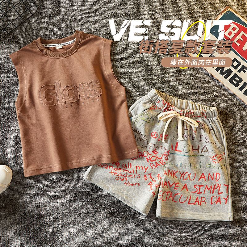 5377 Traje de verano para niños Ropa del tesoro para hombres Chaleco sin mangas para niños Pantalones cortos Chaleco delgado de dos piezas de moda