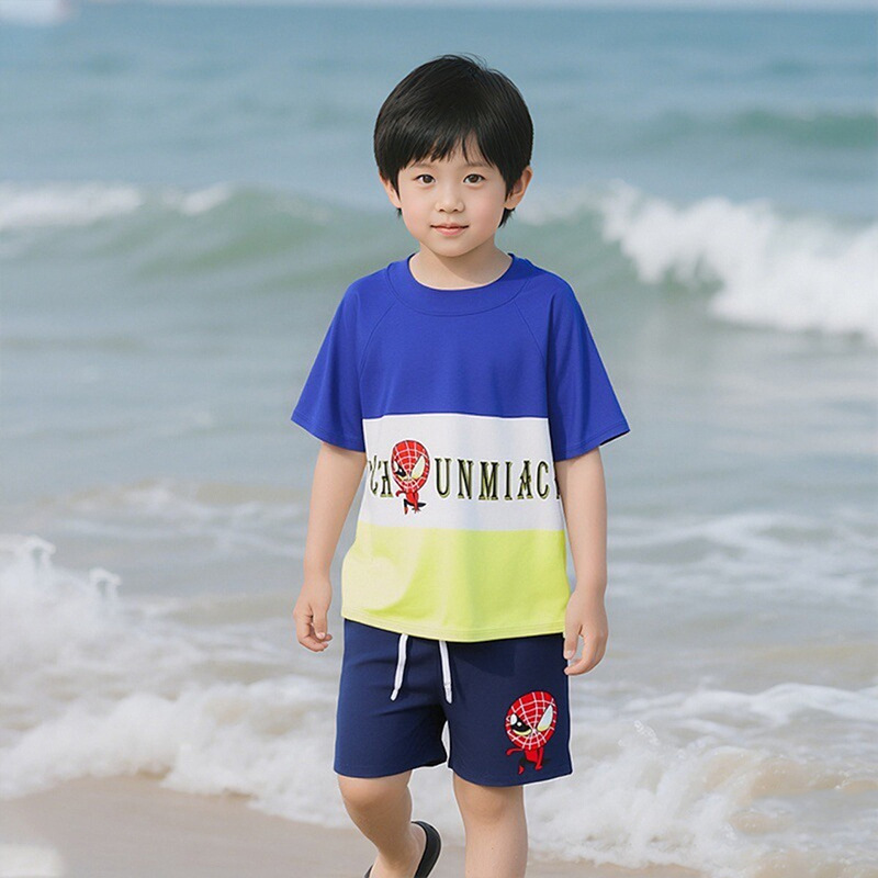 Traje de baño para niños de 2 a 8 años dividido para niños traje de baño de dibujos animados lindo conjunto de dos piezas con gorro de natación traje de baño