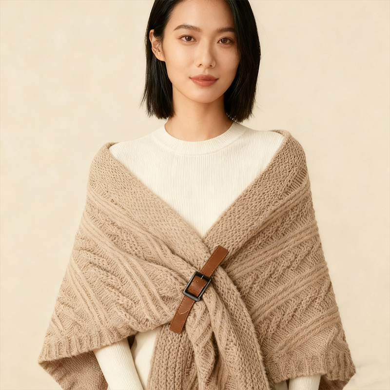 2025 Korean Style Pure Color Knitted Shawl Women's Cape with Leather Buckle Neck Protector Knitted Wool Triangle Shawl