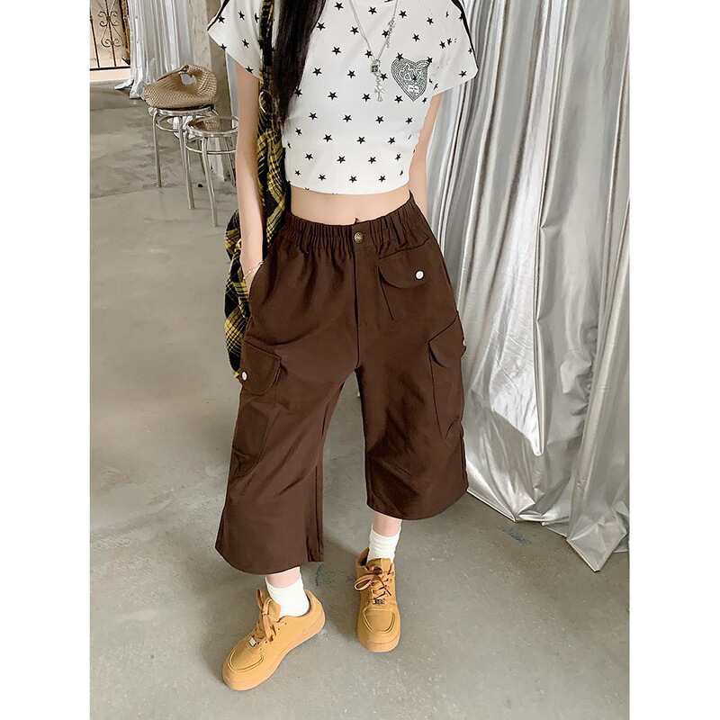 【Real Shot】 Washed Cotton Loose Pocketed Cropped Casual Pants for Women, Workwear Street Style, Versatile, Slimming, Loose Fit