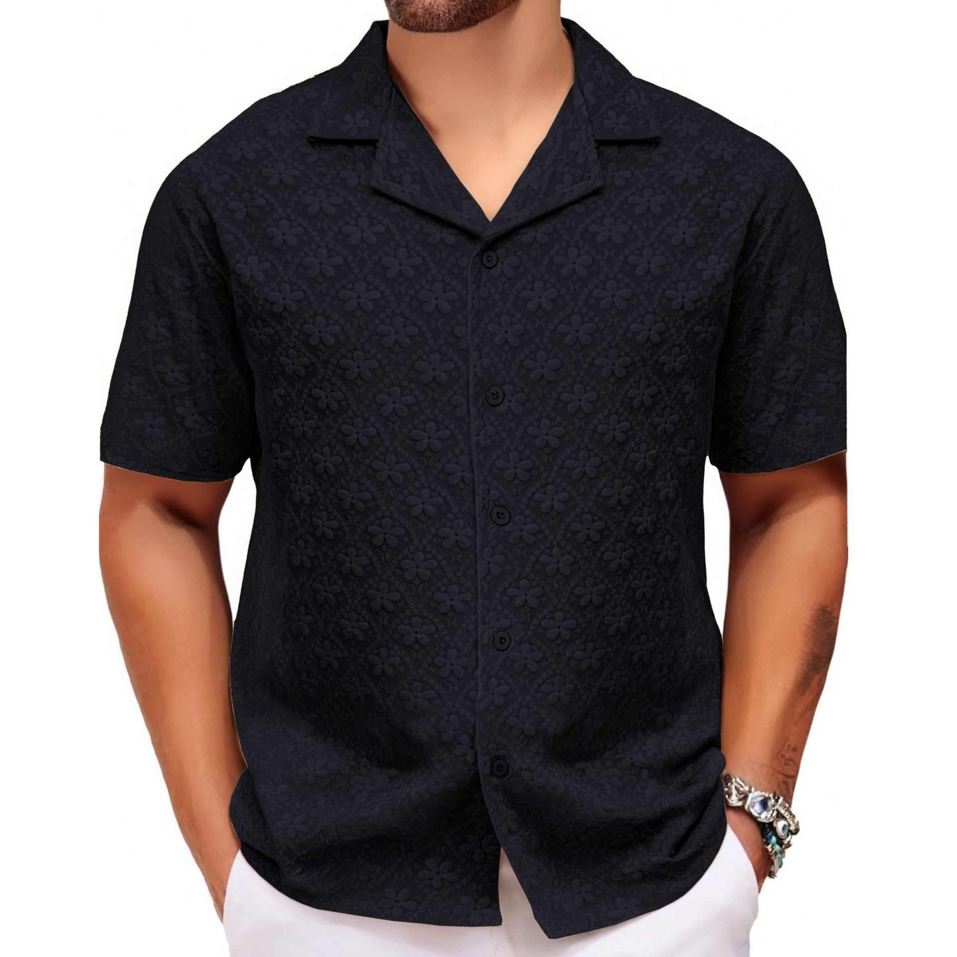 Amazon Cross-border Men's European and American Style Summer Men's Casual Shirt Jacquard Fabric Cuban Collar Short Sleeve Shirt