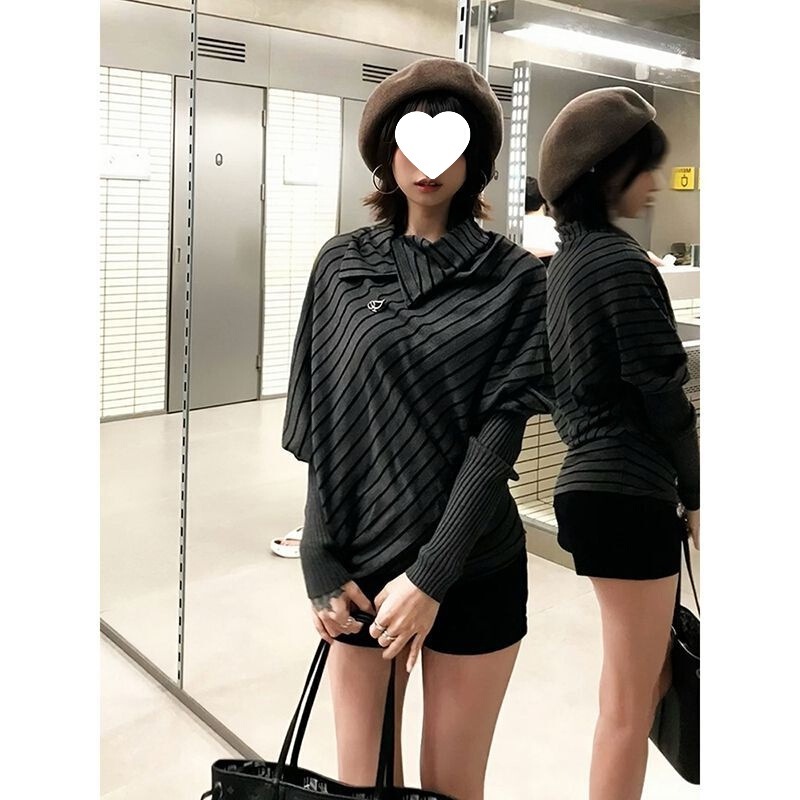 杂毛衣上衣条纹长袖穿搭针织衫女新款早日宽松古蝙蝠袖慵懒风秋季|undefined