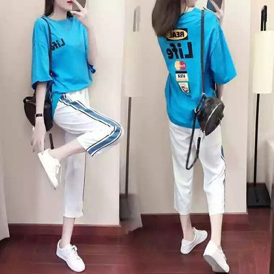 Summer Sports Women's Loose Casual Comfortable Printed Short Sleeve T-Shirt Color Block Jogger Nine-point Pants_voghion.com