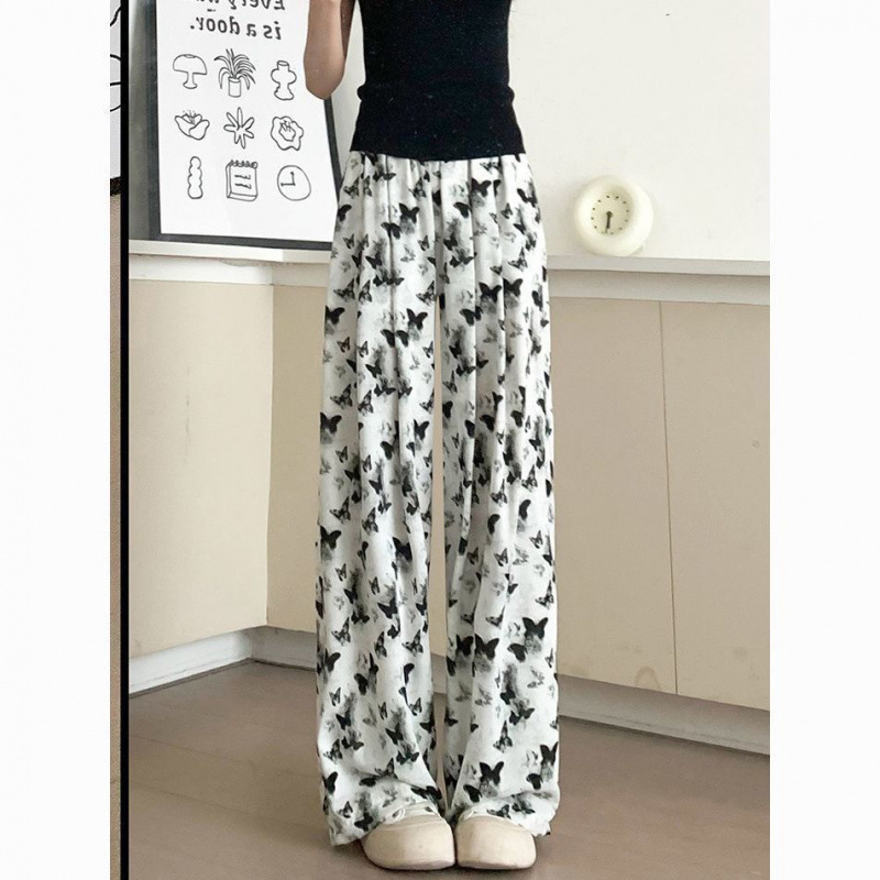 アイスシルク中国風薄型ワイドレッグサマーパンツ女性用バタフライストレートタイダイカジュアル中国風ハイウエスト墨絵|undefined