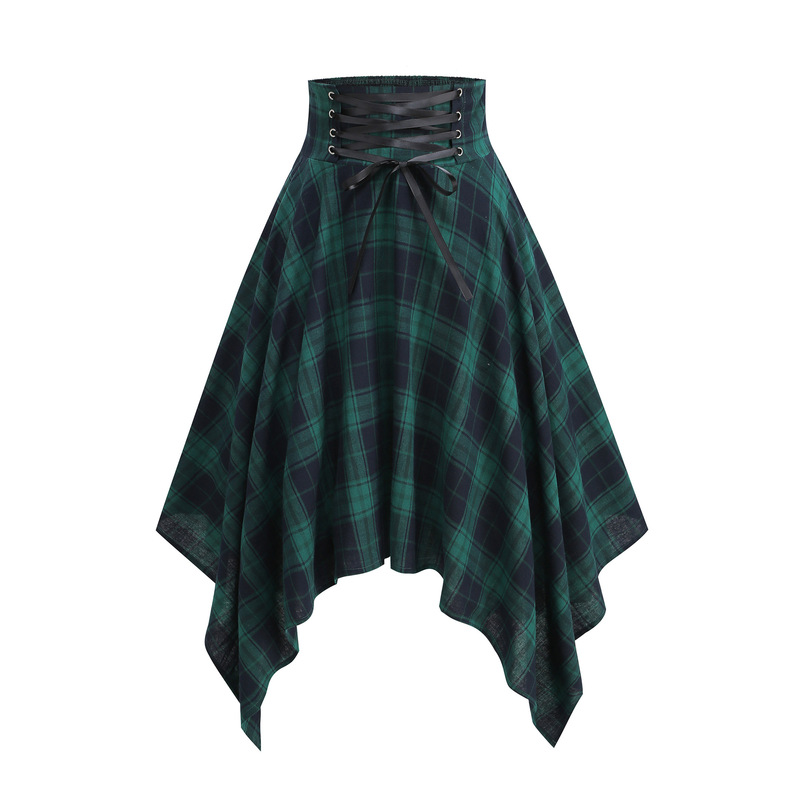 Amazon Cross-Border Street Irregular Gothic Plaid Skirt Summer New Fashion Drawstring Layered Long Skirt
