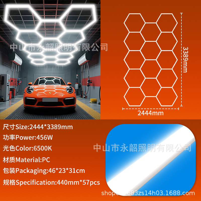 LED自動車修理専用六角ステーションランプ防水ハニカムステッチランプ2025車庫洗車室ハイライト照明|undefined