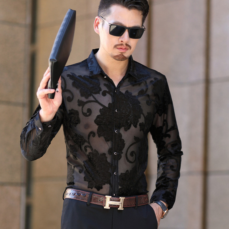 Foreign Trade Spring and Summer Casual Hollow-Out European and American Style Men's Lightweight Slim-Fit Retro Jacquard Transparent Long-Sleeve Shirt for Men
