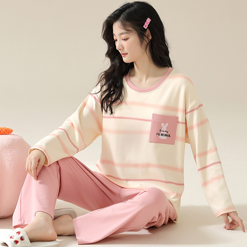2024 새로운 스타일 잠옷 가슴 패드 여성용 코튼 긴 소매 바지 봄 및 가을 코튼 봄 외부 세트 착용