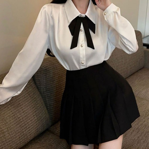 작은 유니폼 전문 대학 스타일 활 화이트 셔츠 탑 높은 허리 주름 치마 투피스 세트