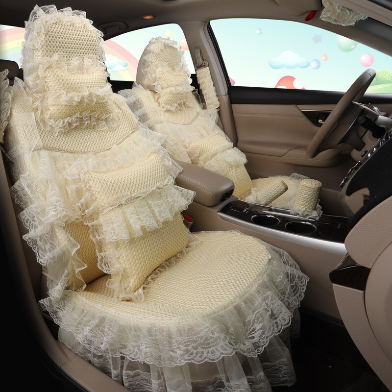 2022新款夏季冰丝汽车坐垫卡通蕾丝布艺座套全包可爱女士时尚车垫