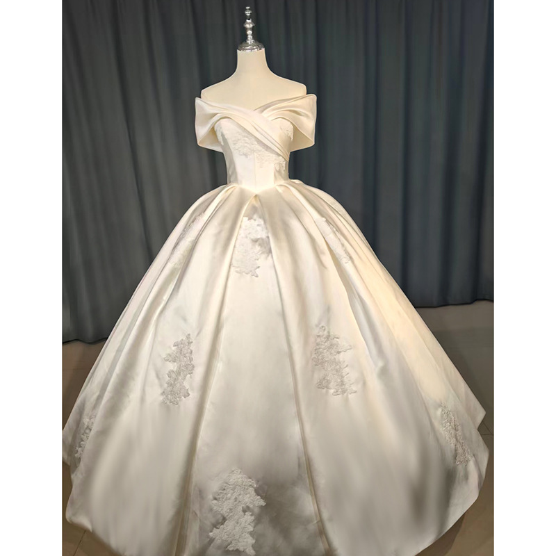 2026 Light Champagne Off-The-Shoulder Satin Wedding Dress with Intricate Embroidery and Large Skirt, Full of High-End Elegance