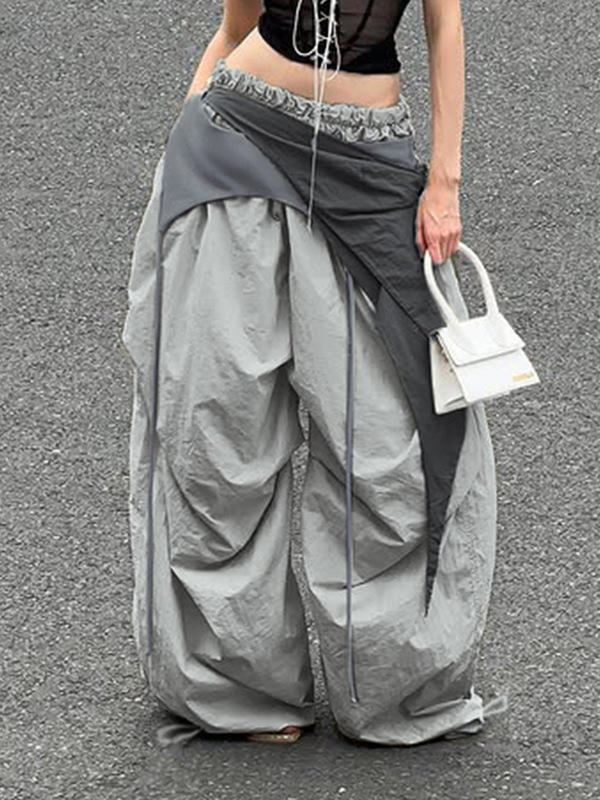 街头西海岸个性设计感多层拼接不规则撞色休闲裤宽松工装裤长裤潮|undefined