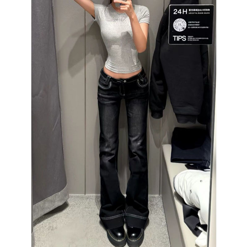 Washed Black Flared Jeans for Women, Korean Style, Trendy High Street, Low Waist, Slim Fit, Stretchy Bootcut Pants