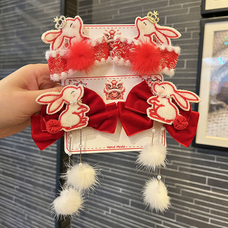 Baby Autumn and Winter Hair Accessories Mink Fur Bunny Hair Clip Hanging Chain Pearl Headwear Girls Retro Bow Side Clip
