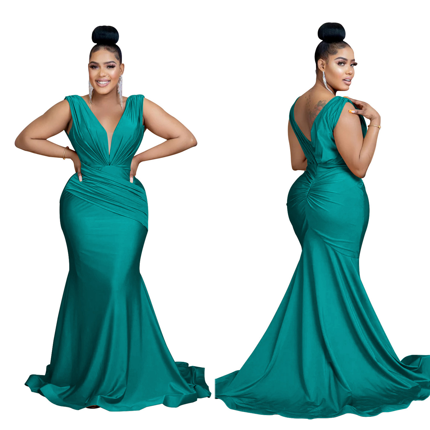 Abito lungo donna scollo a v plissettato elegante da sera_voghion.com