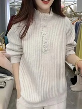 大码拼接长袖春季新款蕾丝套头打底半开领蕾丝边针织百搭毛衣