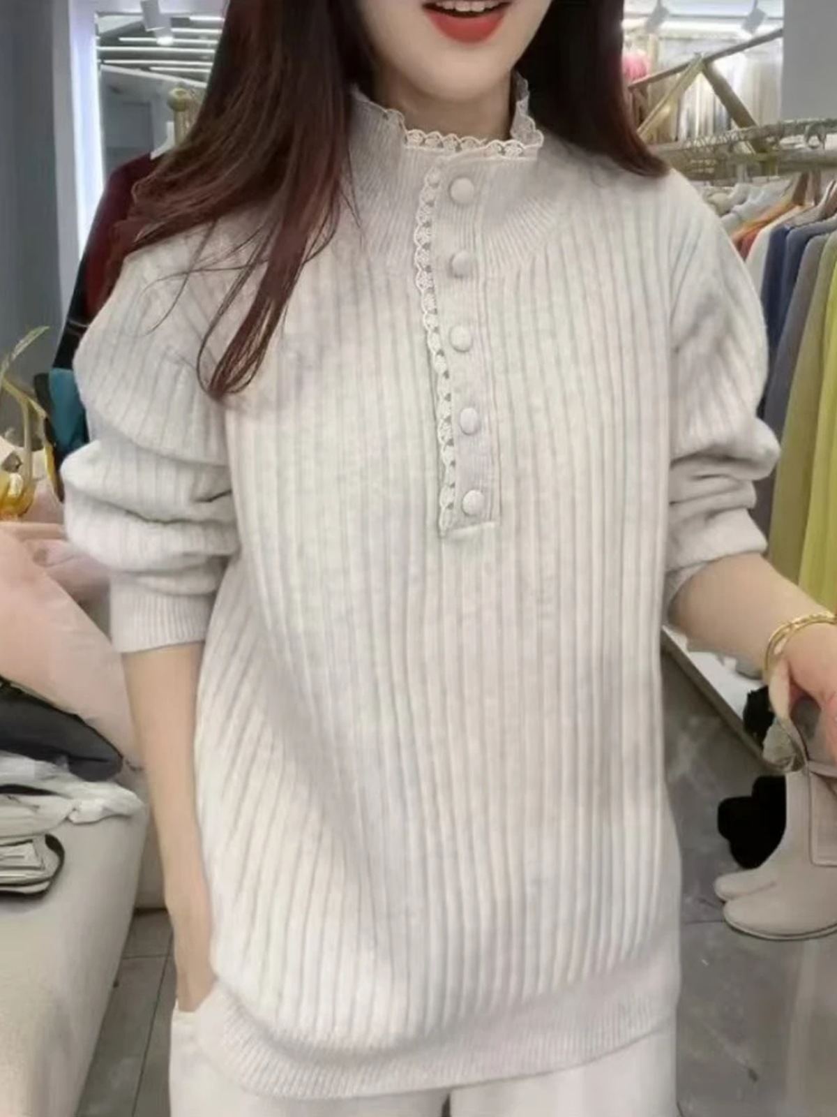 大码拼接长袖春季新款蕾丝套头打底半开领蕾丝边针织百搭毛衣