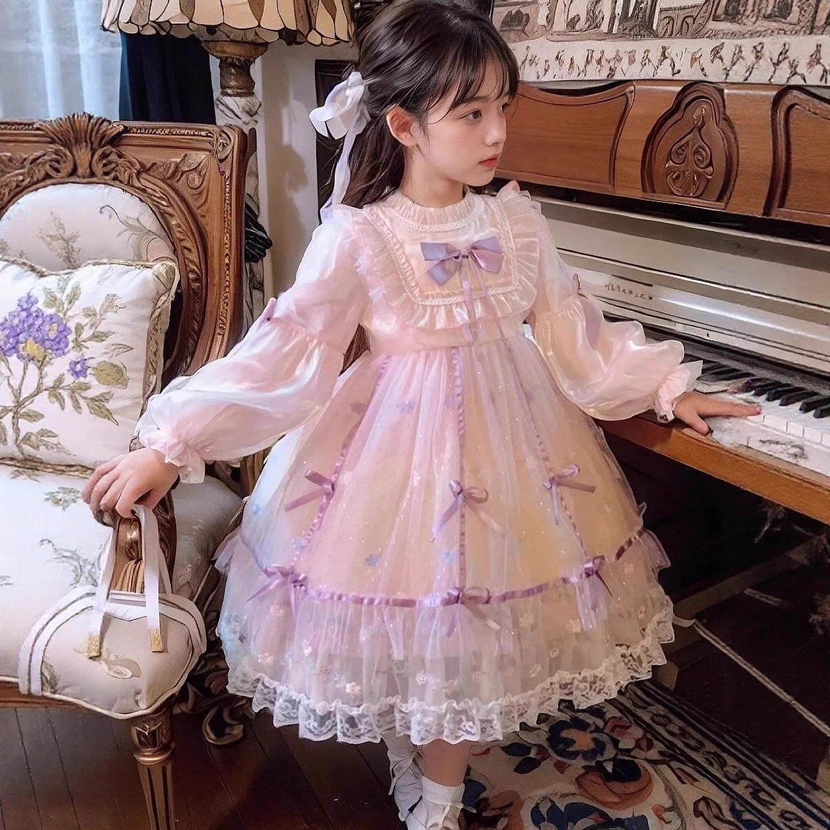 Girls Pink Lolita Dress Lace Bow Mesh Princess Dress Sweet Puff Sleeve Dress