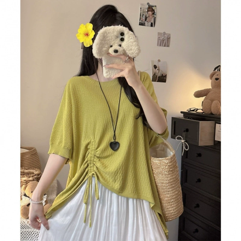 Summer knitted sweater with a round collar, plus size, drawstring, loose fit