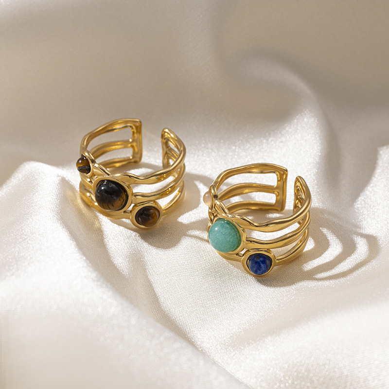 Anillos de acero de titanio de piedra de tigre de Teena Meirard no se desvanecen anillos de acero inoxidable huecos de piedra natural