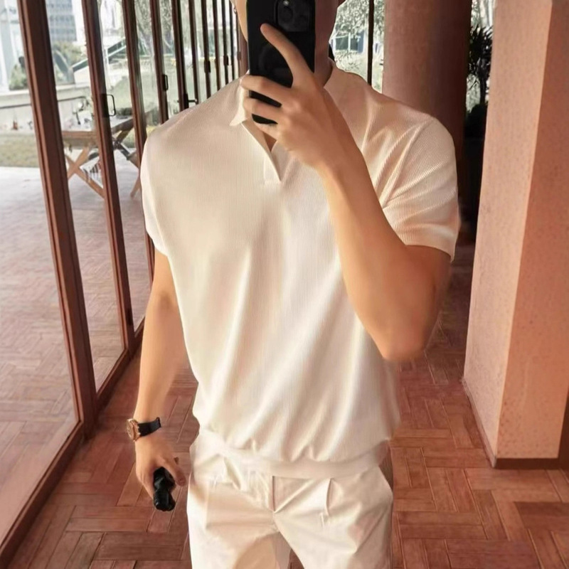 American Seagull Collar Polo Shirt Men's Pure Color Knitted Stretch High-End Texture Pit Strip Top Elastic Plate Front t