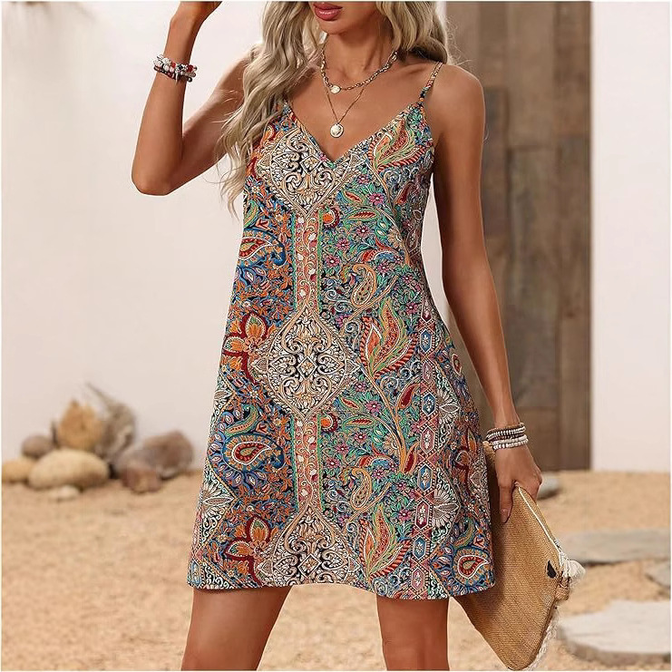 2025 Women's Bohemian Style Mini dress Low-cut V-neck Sexy Sleeveless Loose Elegant dress 2025 Women's Bohemian Style Mini dress Low-cut V-neck Sexy Sleeveless Loose Elegant dress