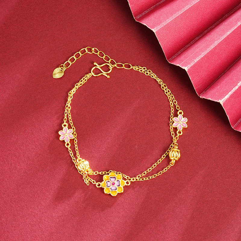 Nueva pulsera de oro antiguo estilo chino estilo nacional esmalte color loto goteo flor de melocotón pulsera nicho joyas de alta calidad