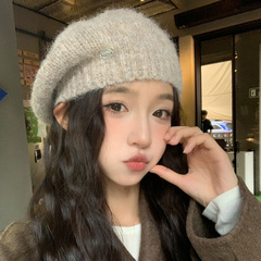 韩版秋冬季帽子女款金属小标大头围针织贝雷帽纯色百搭保暖毛线帽