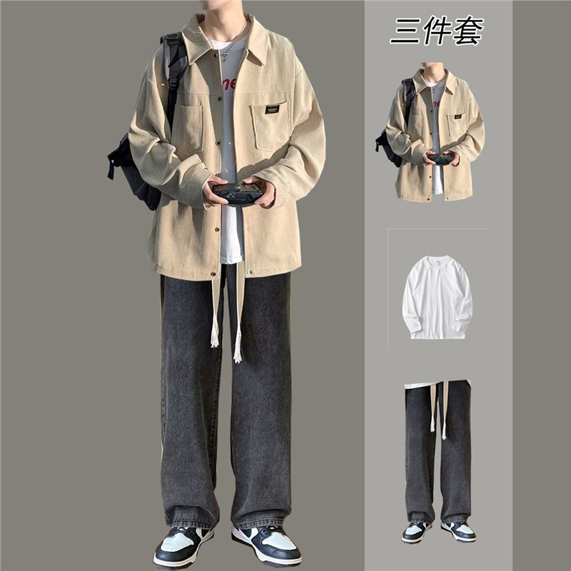 Spring and Autumn Long Sleeve Shirt Men's suit Teenager Duffy Handsome Style Shirt Jacket Loose Casual Men's Three-Piece Set