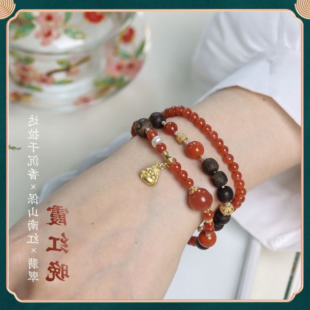 New Chinese Style 【Sunset Glow】Natural Tarakan Agarwood Sinking Drum Jewelry Shannan Red Jadeite Detachable Bracelet
