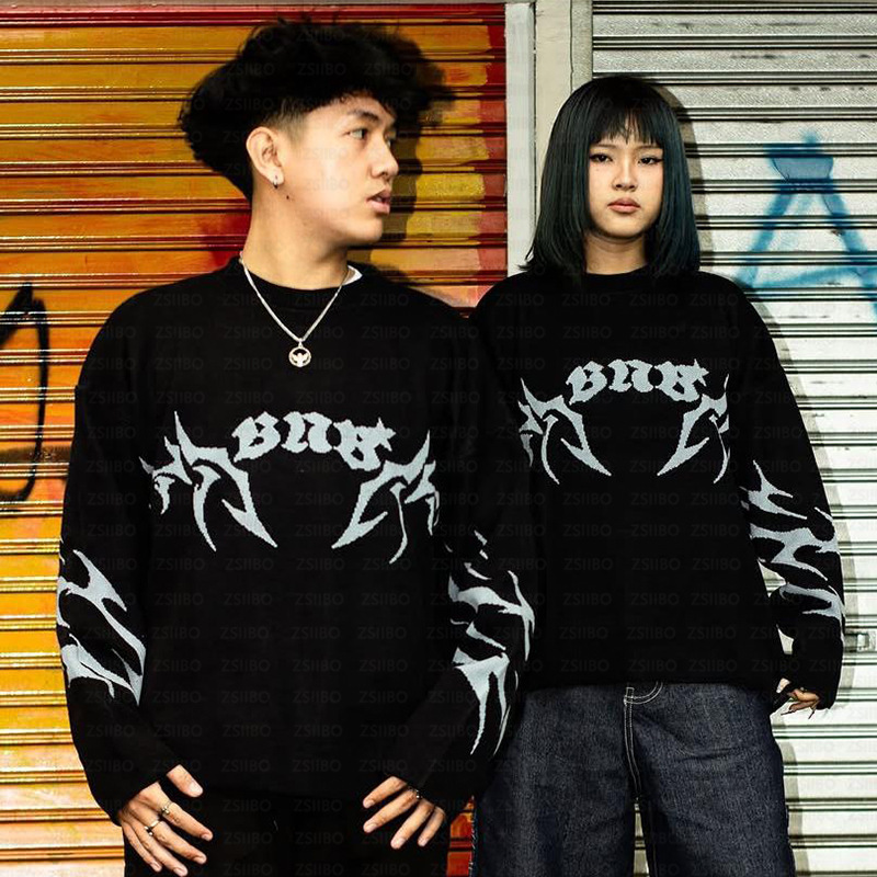 Street Fashion Trend in the 2000S Gothic Round Neck Cartoon Pattern Hip Hop Punk Loose Casual Sweater Autumn and Winter