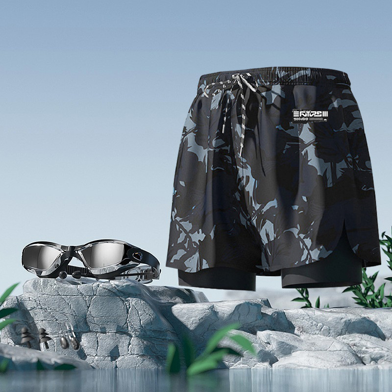 블랙 프린트 + 수영 고글 [노즈 클립 및 귀마개 포함]