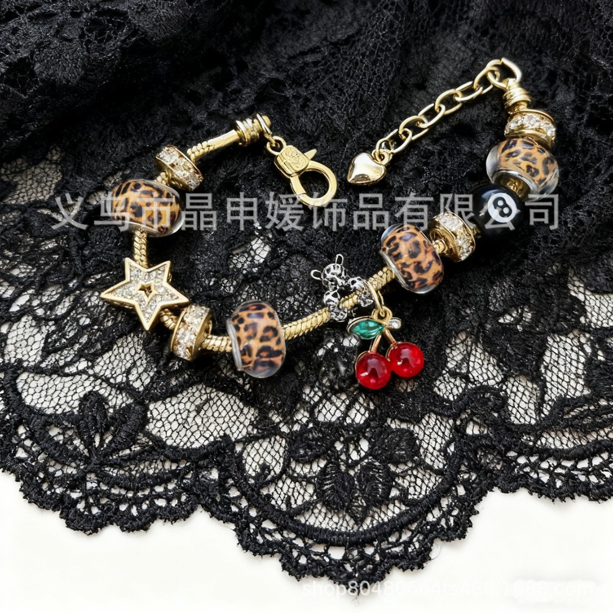 Pan Jia pulsera explotadora transfronteriza DIY cuentas pulsera estampado de cereza amor colgante negro ocho joyas de moda hermosas