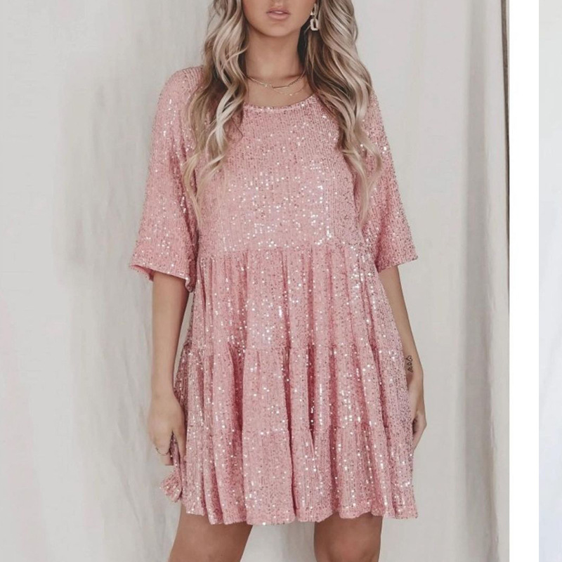 2025 comercio exterior europeo y americano nuevo estilo ventas directas color sólido moda lentejuelas cuello redondo cintura suelta vestido de manga corta vestido de banquete image 9