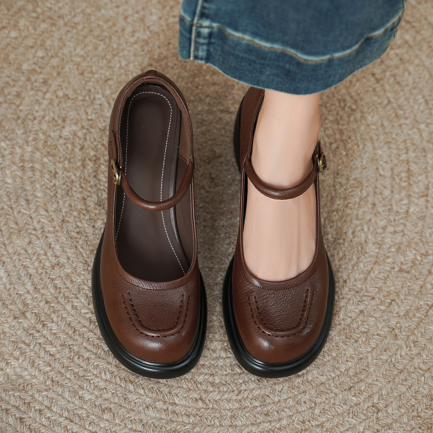 Giày Mary Jane nữ đế dày gót thô 8 cm, da dê mềm, quai ngang khóa — màu nâu