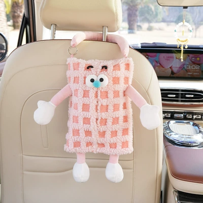 Car Tissue Box with Striped Plaid Pattern, Hanging on the Back of the Car Seat, Cute Little Monster Car Tissue Box (Car tissue box/set) - small-monster-hanging-tissue-box-pink-plaid