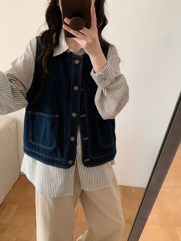 韩系复古森系女孩牛仔马甲休闲百搭无袖坎肩叠穿背心上衣女ZC|undefined