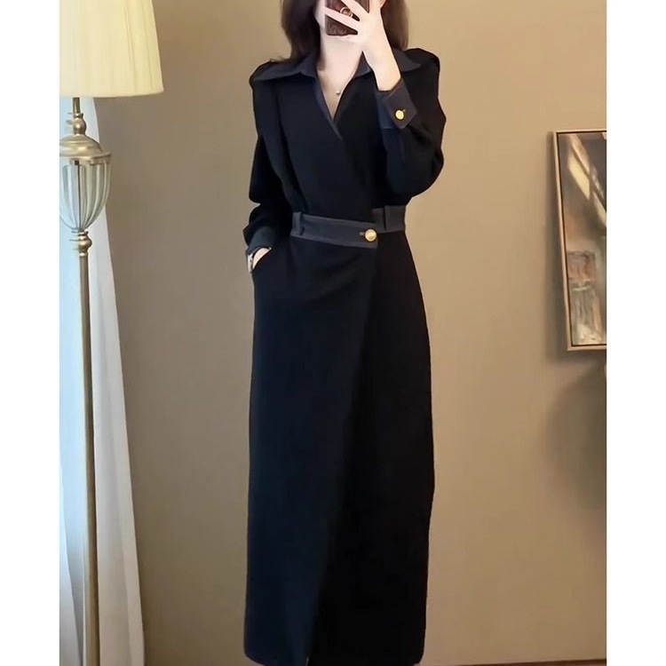 赫本风时尚收腰显瘦连衣裙女秋冬新款大码胖MM黑色显瘦百搭长裙子|undefined